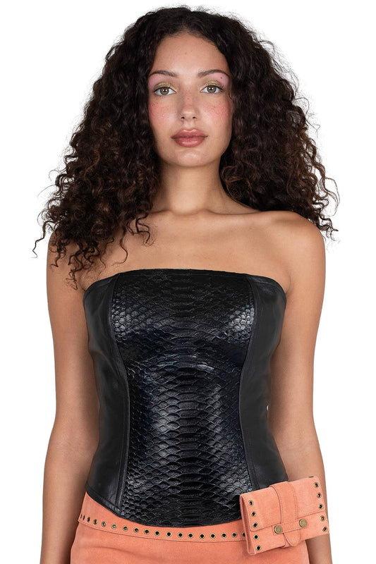Jeffrey Campbell ENTERTAIN TOP Leather Bodice - Black Snake Combo
