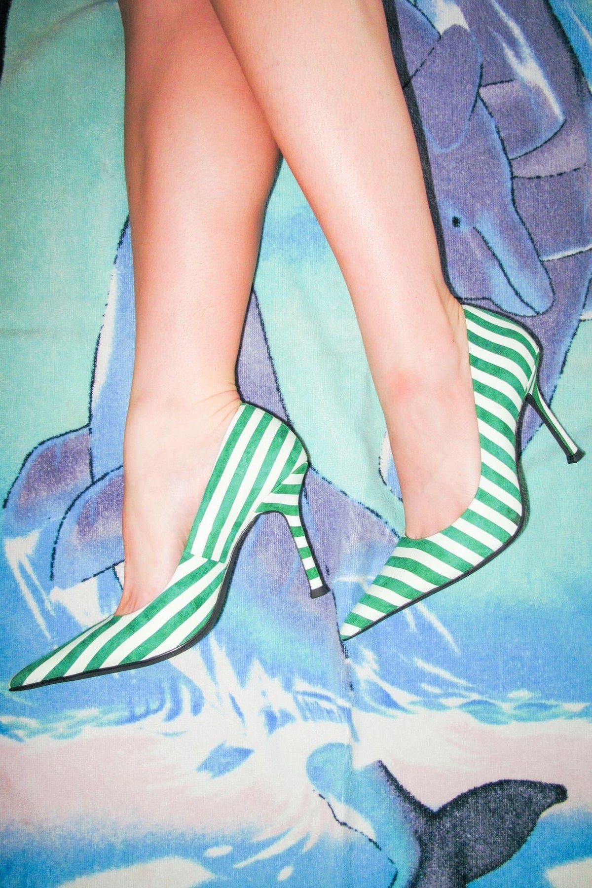 Jeffrey Campbell RISKTAKER3 Stiletto Heels - Green White Stripe Suede