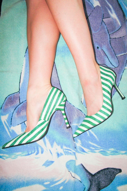Jeffrey Campbell RISKTAKER3 Stiletto Heels - Green White Stripe Suede