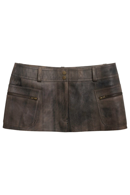 Jeffrey Campbell TOO-COOL SKIRT Leather Mini Skirt - Brown Distressed