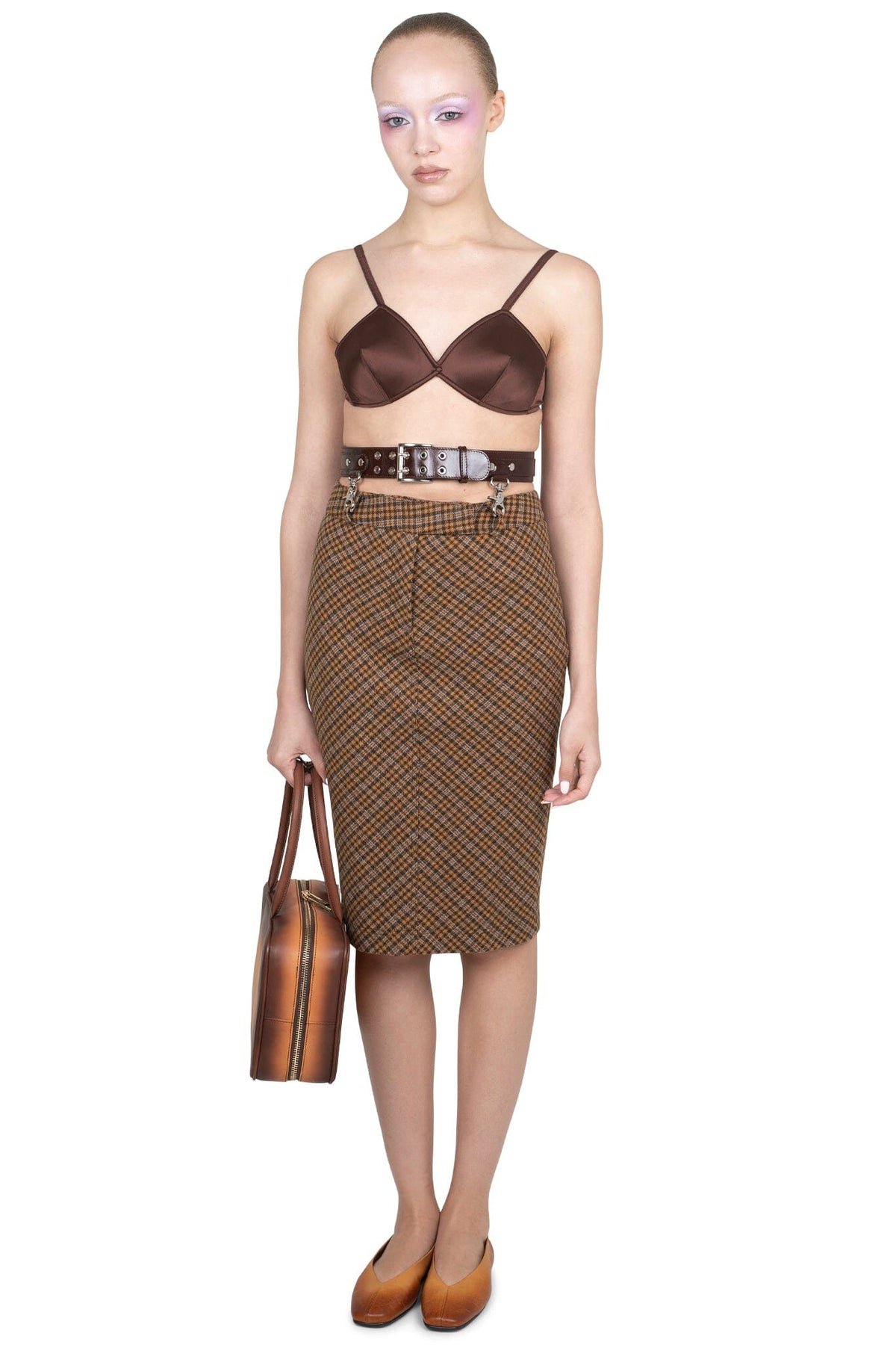 Jeffrey Campbell DELPHY SKIRT Midi Skirt - Brown Plaid Tweed