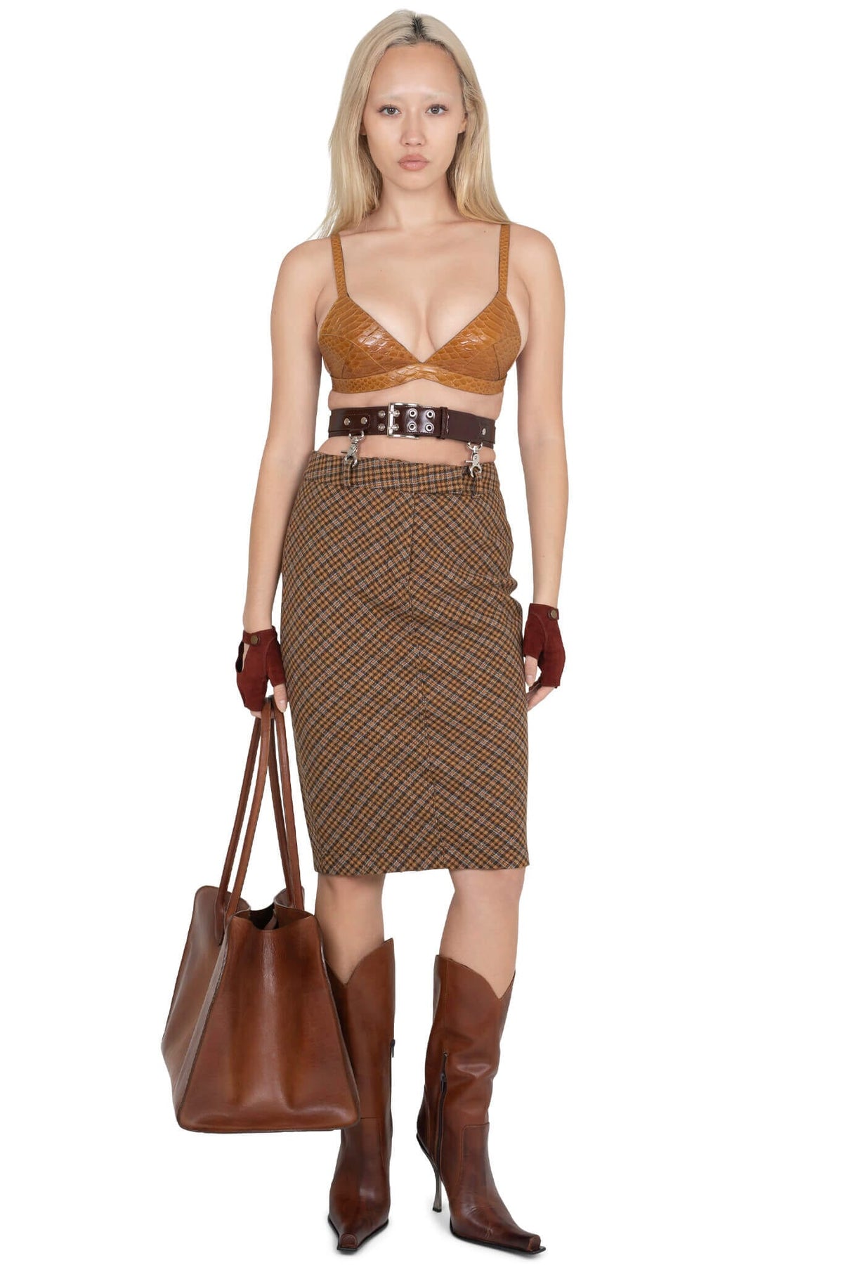 Jeffrey Campbell DELPHY SKIRT Midi Skirt - Brown Plaid Tweed
