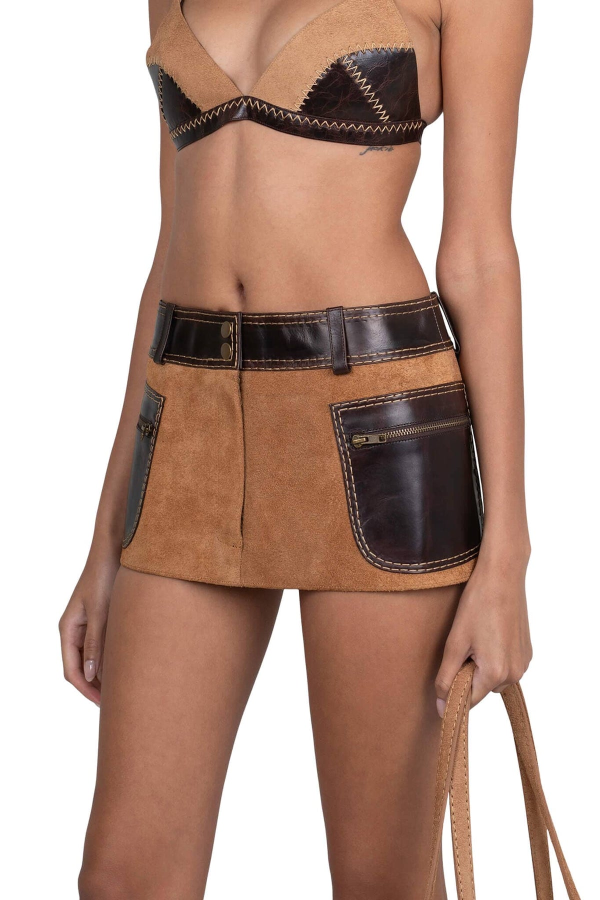 Jeffrey Campbell TACTICS Deconstructed Mini Skirt - Tan Suede Brown