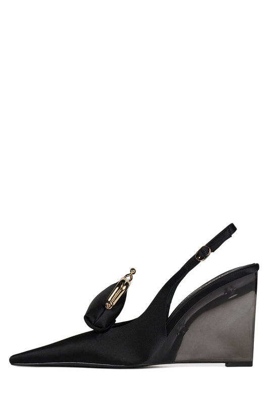 Jeffrey Campbell PAY-ME Slingback Wedge - Black Satin Combo